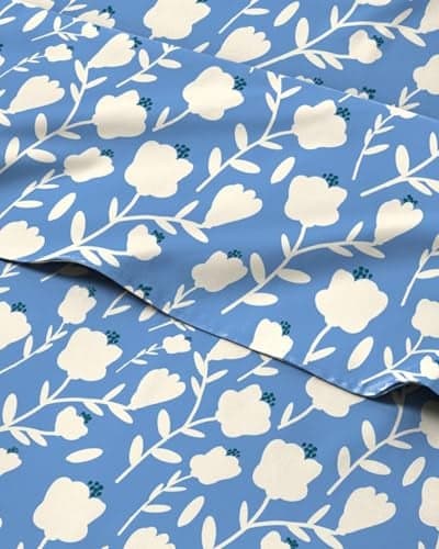 Floral Sheets Blue White Bed Sheet Set 1 Flat 1 Fitted 2 Pillowcases w Deep Pockets Comfy Cozy Wrinkle Fade Free Boho Botanical Bedding Soft Breathable Cooling Queen Size Set