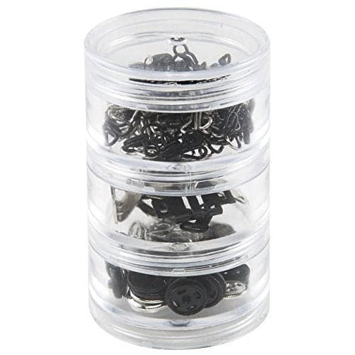 SINGER 07400 Fastener Variety-Pack in Stackable Screw Top Container - 48 Hook & Eyes, 24 Sew-On Snaps, 6 Hook & Bars , Black