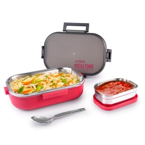 Attro Meal Time Stainless Steel Insulated Lunch Box with Small Container Airtight Leak-Proof Perfect for Office, School, Picnic, 800 ml - Red