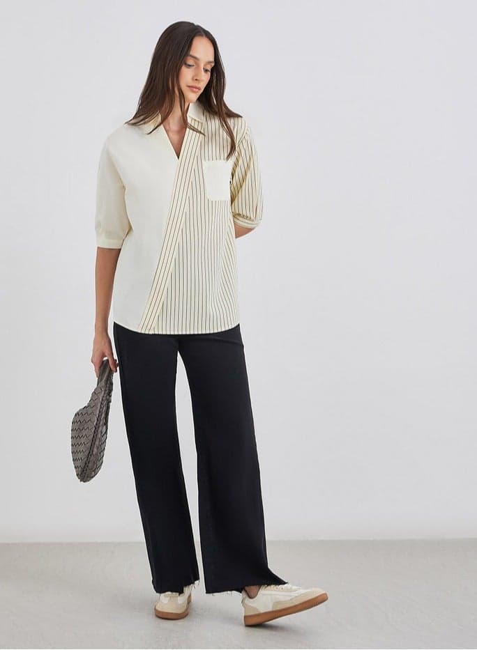 Styli Women Beige Striped Wrap Style Shirt — M