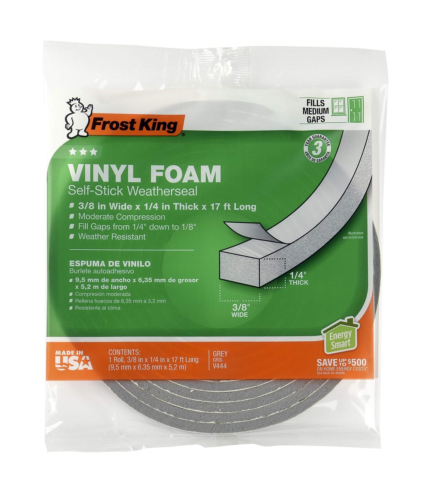 Frost King V734H Vinyl Foam Tape Closed Cell Moderate Compression 34 W 12 Thick 10 L GreyGray