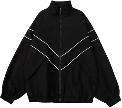 Pbkabiug Vintage Women Jackets Hip Hop Style Patchwork Windbreak Unisex Streetwear Lightweight Jackets Bomber Jackets (Black 2,L,Large)