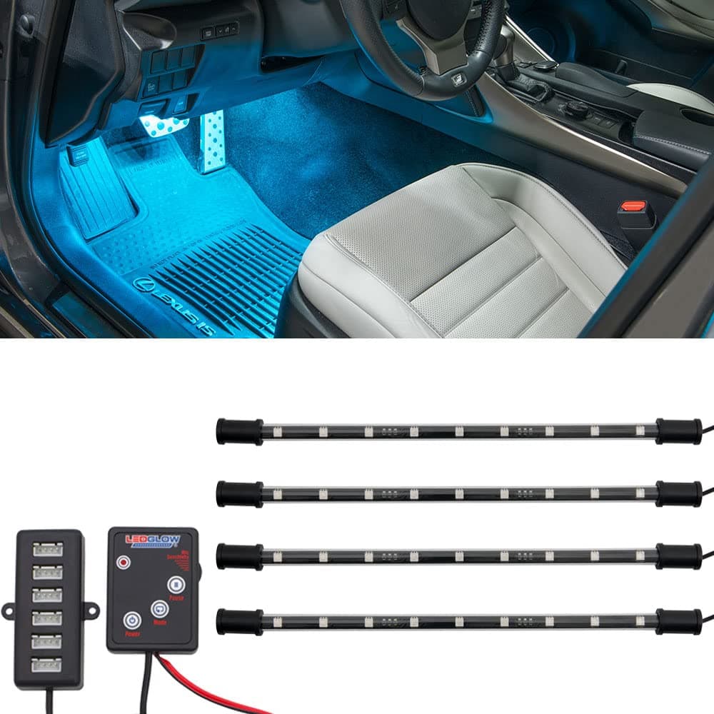 LEDGlow 4pc MultiColor LED Interior Footwell Underdash Neon Light Kit for Cars Trucks 7 Solid Colors 7 Patterns Music Mode Auto Illumination Universal Includes 12 Tubes Control Box