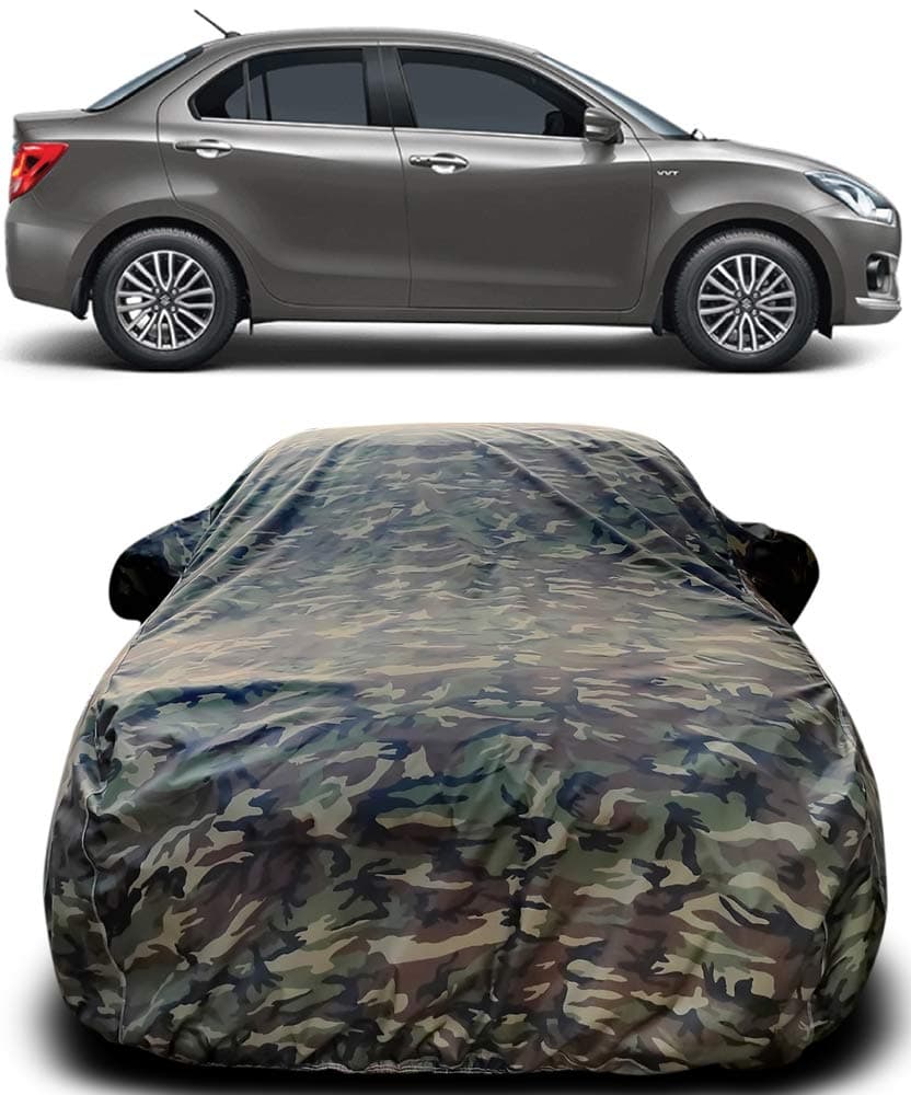 MOTROX Waterproof Car Cover Compatible with Maruti Suzuki Dzire with Mirror Pocket Triple Stitched Heavy Weight Buckle Bottom Fully Elastic 6x6 American in Jungle Print-A (Green)