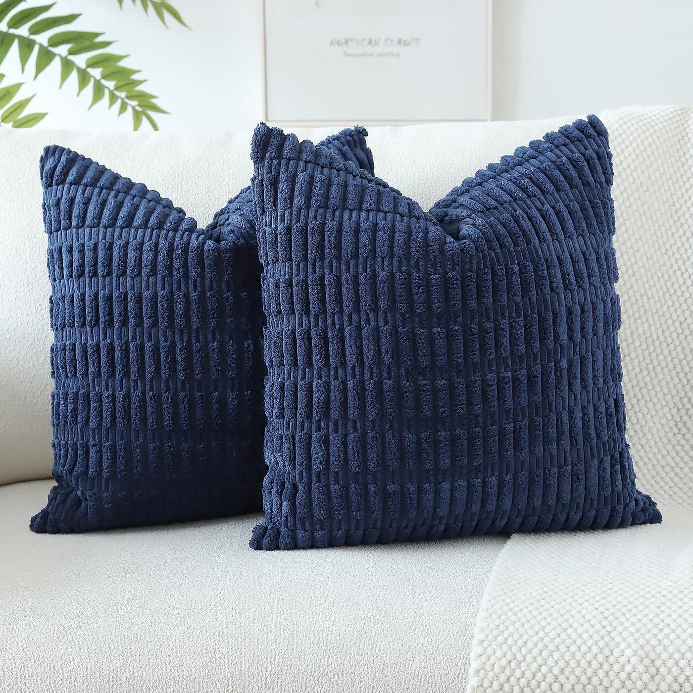 JOTOM Corduroy Soft Striped Boho Decorative Throw Pillow Covers 50x50 cm Cushion Covers 20x20 Inch Cushion Case Square Pillowcases for Couch Sofa Living Room Bed Home Decor Set of 2 Navy Blue
