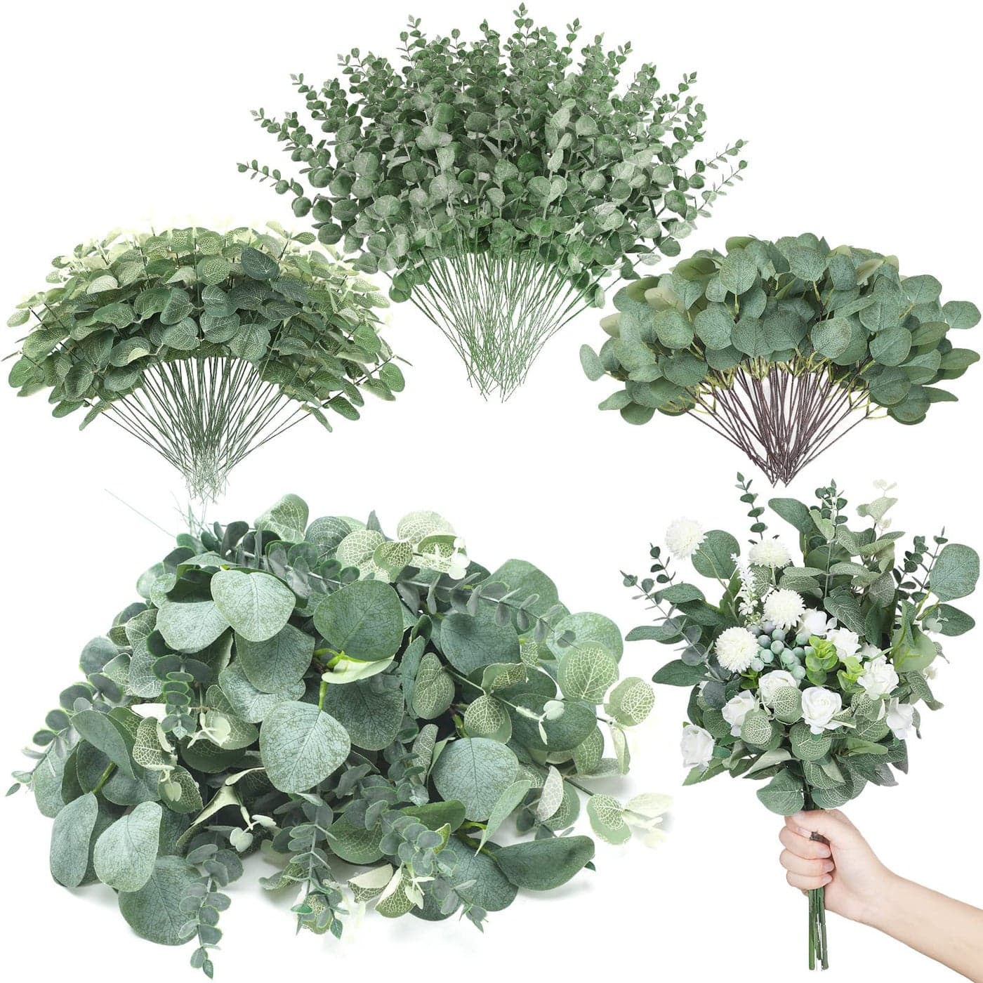 Giegxin 270 Pcs 3 Kinds Mixed Eucalyptus Leaves Stems Bulk Artificial Silver Dollar Leaves Picks Dried Eucalyptus Bundle Faux Spray for Wedding Vase Bouquet Floral Arrangement Green
