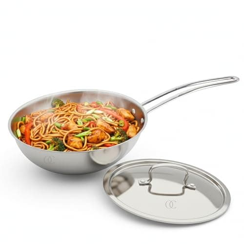 Omichef Triply Stainless Steel Wok with Lid | 20 cm (1.7 L, 1.30 kg) | ISI Certified Cookware | 3-Layered Stainless Steel Construction | Even Heat Distribution