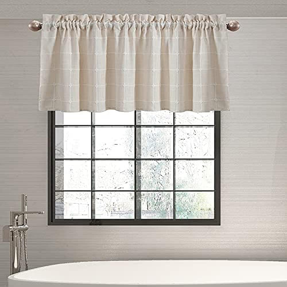ShunjieHome Farmhouse Valances for Windows Light Filtering Linen Plaid Curtain Valances Semi Sheer Window Valance for Kitchen Bedroom Bathroom Living Room Light Beige 52 x 18