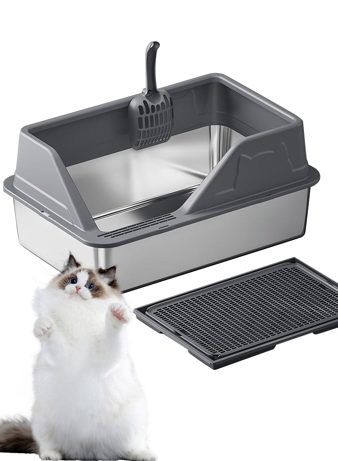 Stainless Steel Cat Litter Box Cat Litter Tray for Multiple Cats Anti Splashing and Easy Clean 60*40*28cm