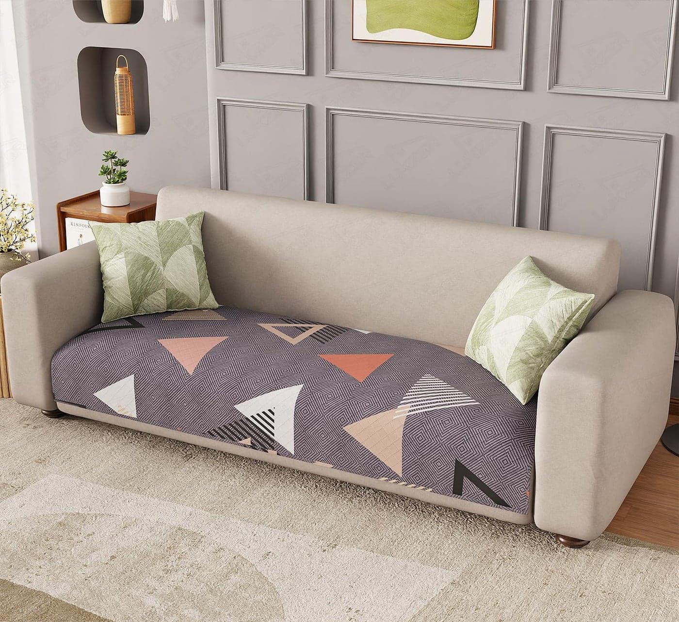 Lukzer Waterproof Quilted Sofa Cover Mat 180CM, 350 GSM Soft & Thick Printed Polyester, Floating Triangle Pattern, Universal Couch Protector for Home & Office (SC-188-04) – Ideal for 3-Seater