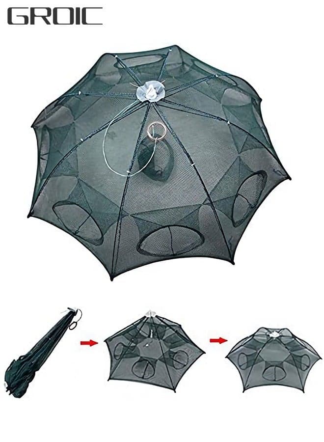 Fishing Net Trap Portable Folding Collapsible Crab Network Immersion Bait Shrimp Crayfish Cage Tiddler Trap Mesh Automatic 16 Holes--Green