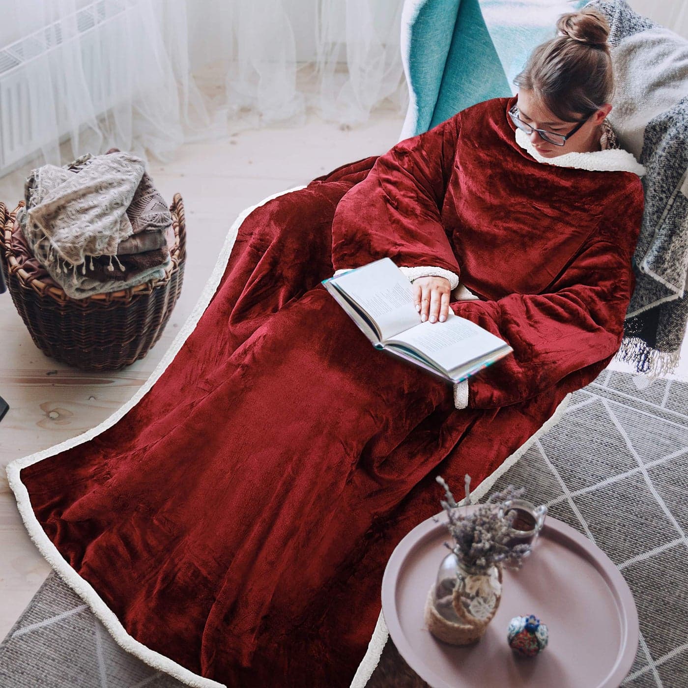 Tirrinia Sherpa Wearable Blanket With Sleeves Full Body Throw Reading Wrap TV Blankets Cozy Blanket Robe Snuggle Gift for Adult Women Men Mom Grandma