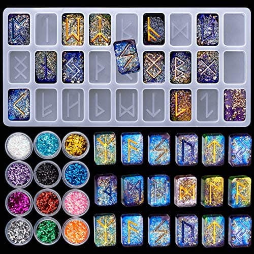 Rune Stone Resin Mold with 12 Colors Sequins Energy Symbol Silicone Mold Rune Letter Resin Casting Mold Epoxy Resin Mold for DIY Craft Making Pendant Charm Jewelry Making Supplies