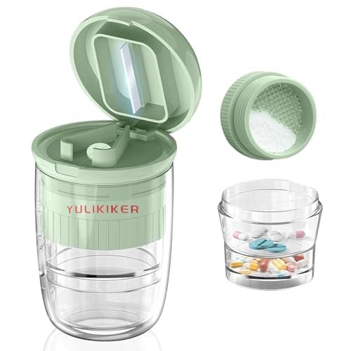 CoolShef 4-in-1 Pill Crusher and Cutter with Dispenser, Stainless Steel Blade for Small or Large Pills, Crushes Pills, Vitamins, Tablets Crusher to Powder, Medicine Crusher for Easy Consumption, Removable Drinking Cup (Green)