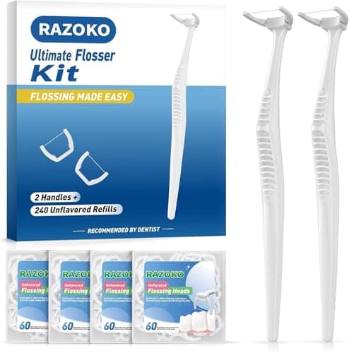 RAZOKO Dental Flosser Kit Extra Strong ShredResistant Floss for Hard to Reach Areas PTFE PFAS Free 2 Handles 240 Refill Heads