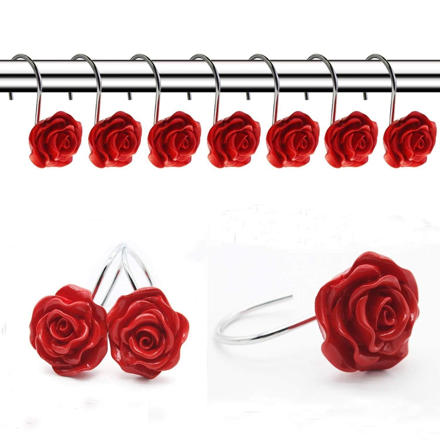 FINROS 12 PCS Home Fashion Decorative Anti Rust Shower Curtain Hooks Rose Design Shower Curtain Rings Hooks (RED)