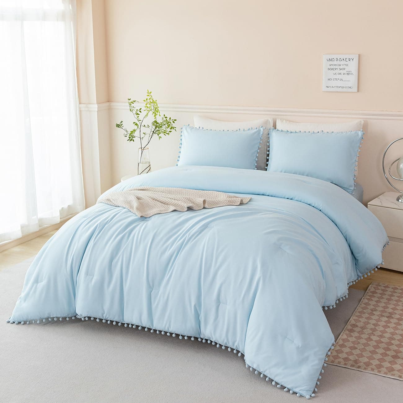 PERFEMET 5 Pieces Full Bed in A Bag Light Blue Pom Pom Bedding Set for Girls Boys Soft Fluffy Boho Solid Bedding Comforter Set with SheetsLight Blue Full