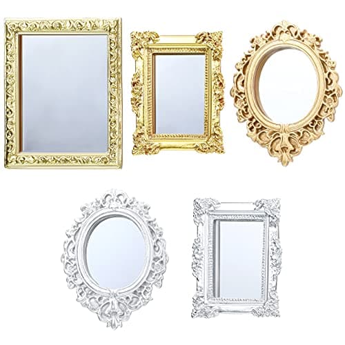 5 Pieces Miniature Dollhouse Mirror European Frame Mirror Dollhouse Victorian Baroque Wall Decor Miniature Bedroom Mini Furniture Accessory for 1/12 Dollhouse Decor, Gold and Silver