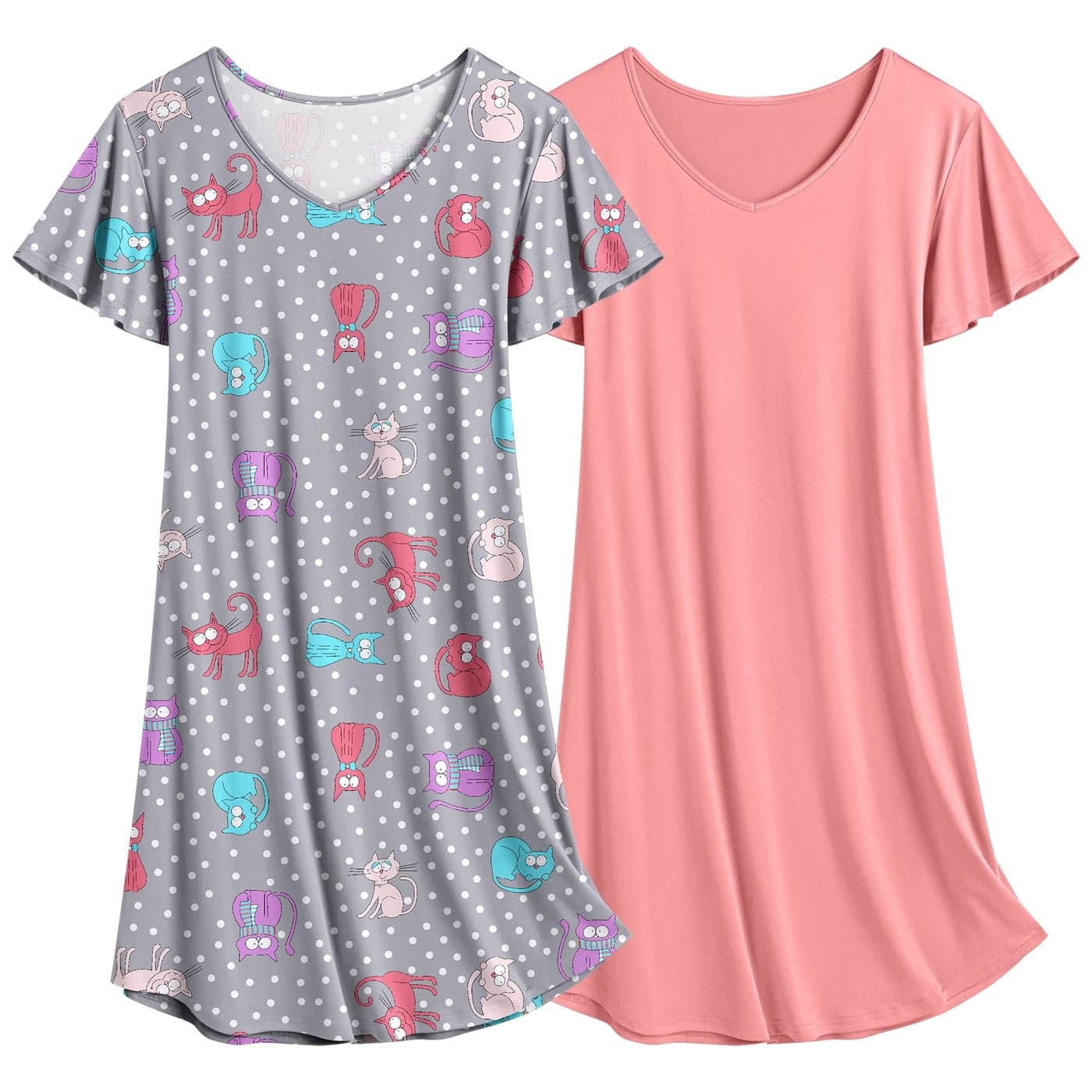 Ekouaer 2 Pack Nightgowns for Women Flare Short Sleeve Sleepshirt V Neck Sleepwear Pajama Dress Animal + Pink Print S
