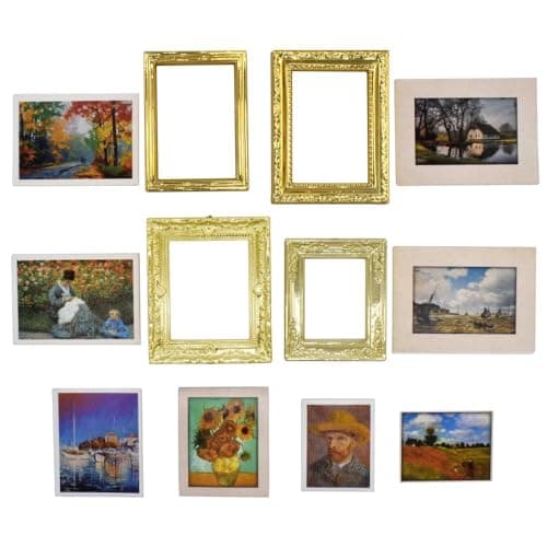 iLAND Miniature Dollhouse Accessories for Dollhouse Furniture on 112 Scale Dollhouse Frames wPrinted Classic Paintings Set 4 Bright Golden Frames Pictures