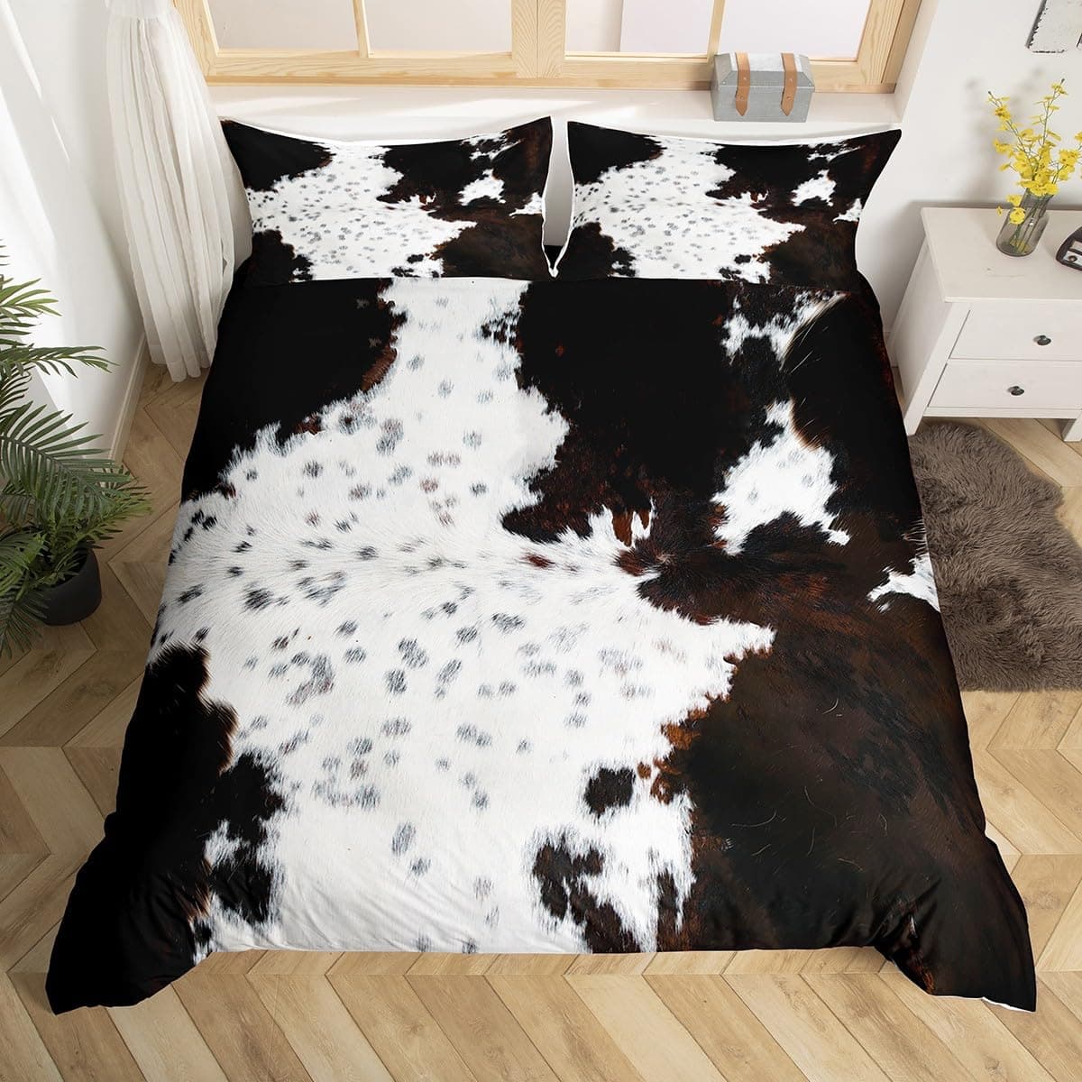 Cowhide Printed Duvet Cover Queen Size White Black Brown Cow Bedding Set 3Pcs for Kids Teen Adult Room Decor Abstract Animal Skin Print Comforter Cover Farmhouse Quilt Cover with 2 Pillowcases