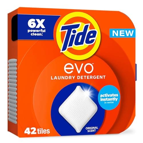 Tide evo Laundry Detergent Original Scent Works on 100% of Common Stains Concentrated Travel Detergent HE Compatible and Instant Dissolve Fights Stains Better than Leading Detergent Sheet, 42 Count
