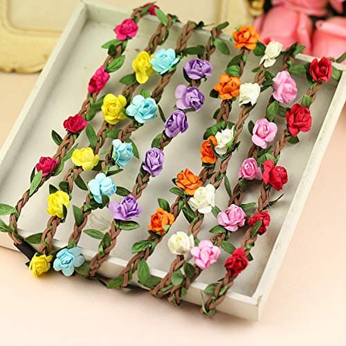 Onwon 8 Pieces Multicolor Bohemian Floral Headbands with Elastic Ribbon, Rose Crown Hair Accessories for Women Girls