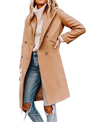 Yousify Womens Notched Lapel Collar Double Breasted Pea Coat Winter Wool Blend Over Coats Long Jackets Camel L