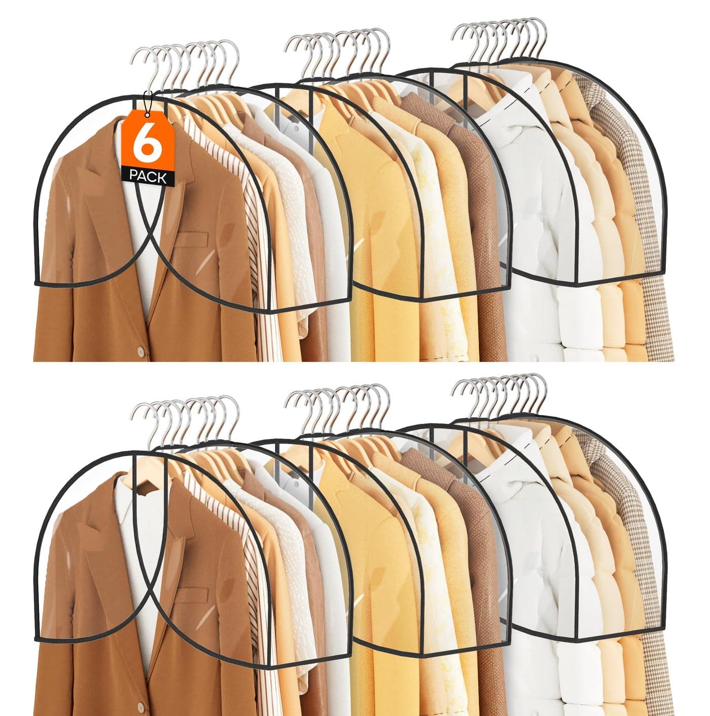 MISSLO 8" Gusseted Shoulder Cover 6-Pack Wide Garment Covers for Clothes Storage Clear Plastic Clothes Cover for Hanging Dustproof Clothes Protectors for Hanging Clothes for Suits, Shirts, Coats