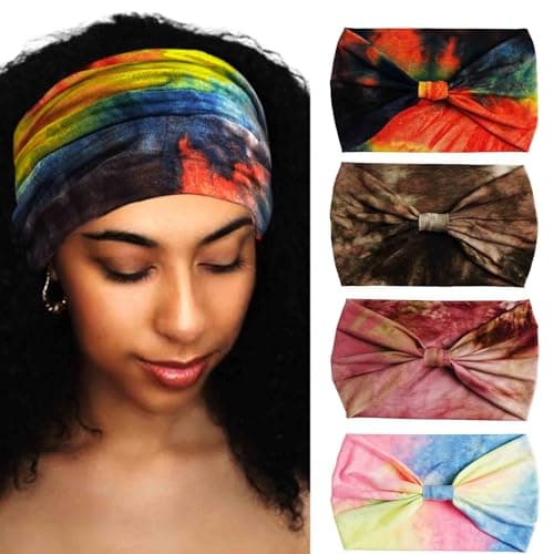 Aceorna Wide Headbands Stretch Turban Knotted Hairbands Elastic Yoga Workout Sweatband Running Sport Head Scarf Large African Head Wraps for Women 4 Pcs (Set E)