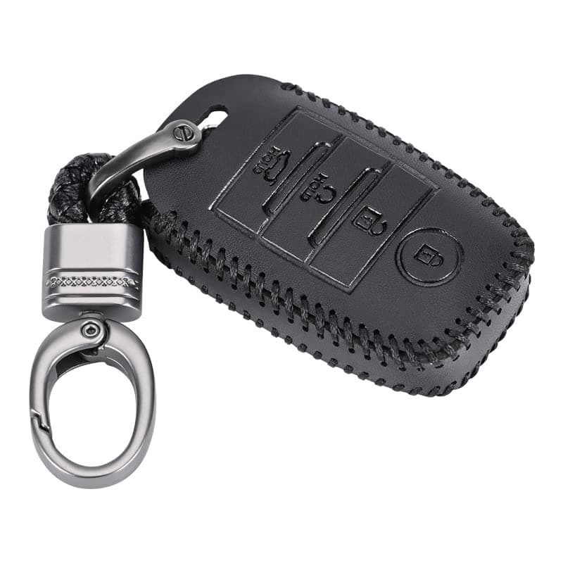 Contacts Black Soft Leather Car Key Cover Compatible with Kia 4 Button Smart Key With Key Chain For Seltos | Sonet | Carens