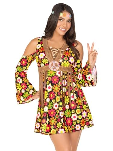 Leg Avenue Womens 2 Pc Starflower Hippie Costume with Cold Shoulder Floral Fringe Dress,flower Headband, MEDIUM, Multicolor