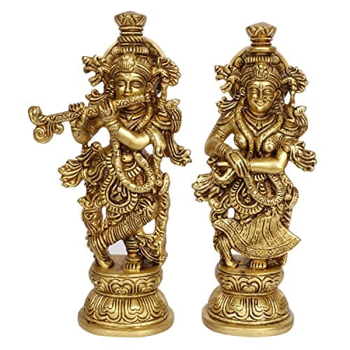 Kartique Brass Radha Krishna Bhagwan Murti Kishan Kanhaiya with Flute for Home Office Decor Temple Mandir Decoration Height 9 Inch Gold Color