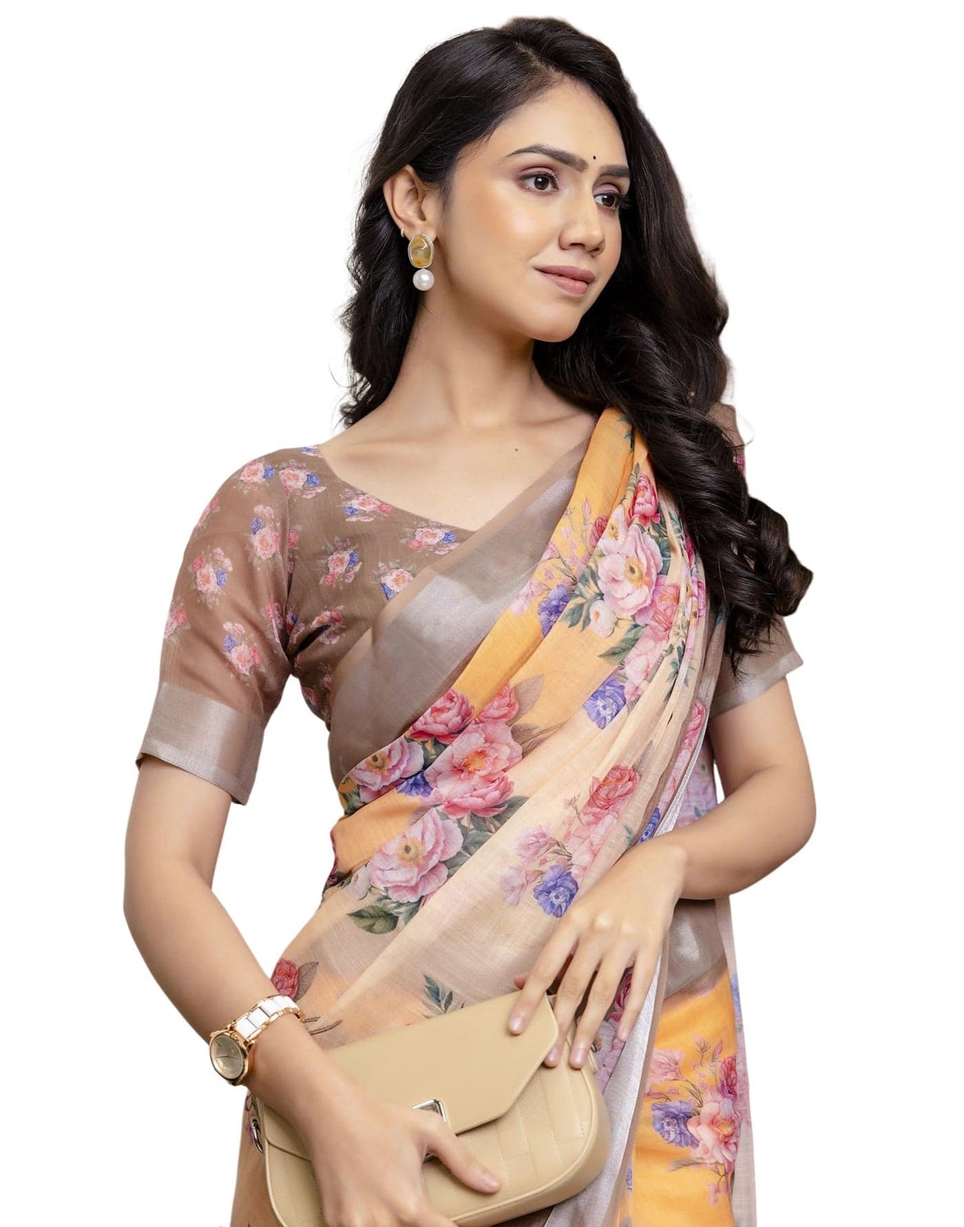 SIRIL Women's Cotton Linen Floral Print One Minute Ready to Wear Saree With Unstitched Blouse Piece (53RS115_Beige)