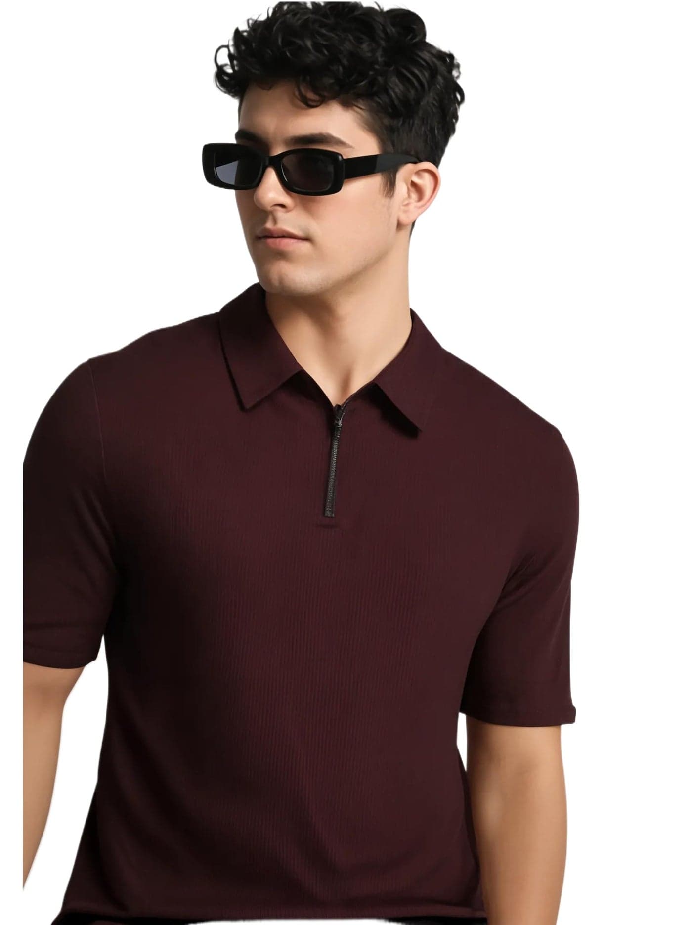 Mack Jonney Ribbed |Regular Fit | Half Sleeves 100% Cotton Polo Neck Self Design with Zip T-Shirt for Men-M825 Wine