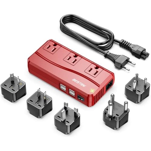BESTEK International Power Adapter 250W, 220V to 110V Step Down Travel Voltage Converter with 4-Port USB Including US/AU/EU/UK//India/South Africa Plug Adapter (Red)