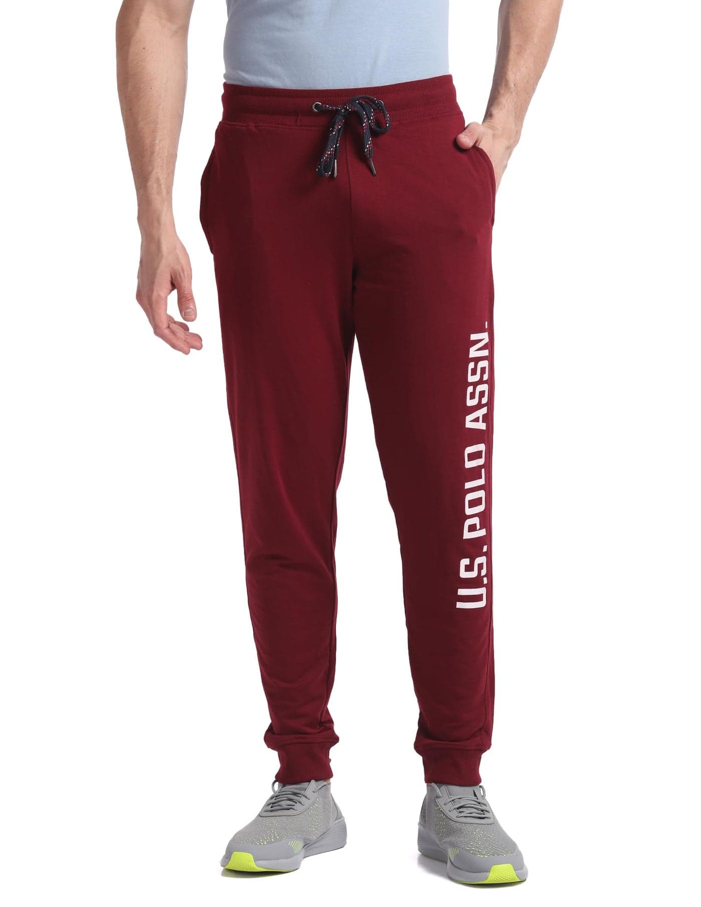 Men Maroon Drawstring Waist Brand Print Joggers