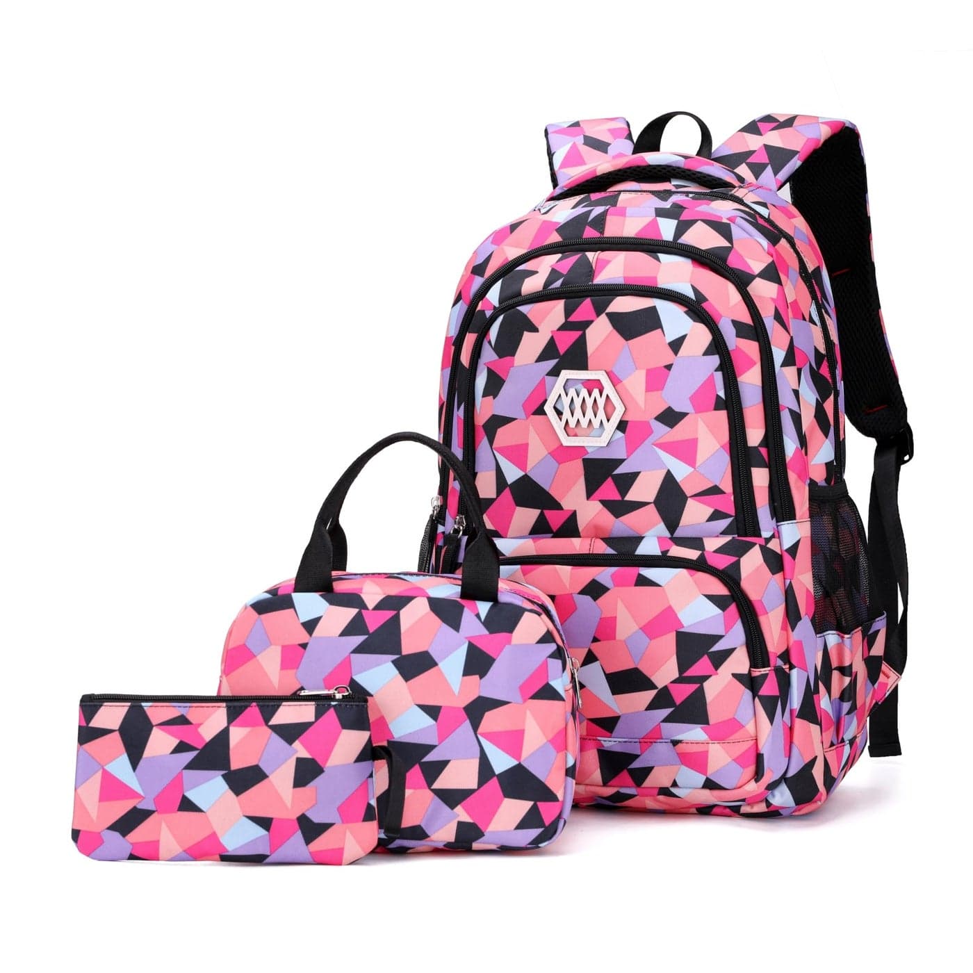 3Pcs Geometric Print Girls Backpack and Lunch Bag Set for Kids Elmentary Middle School Bags Bookbag