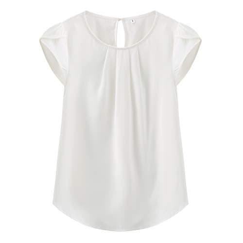 TASAMO Women Chiffon Blouse Round Neck Short Sleeve Top Shirts (Medium, White)