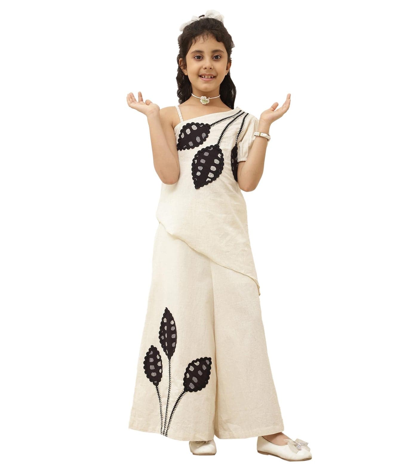 Bugandbees Solid Pure Cotton Patch Work Co-Ord Set|One- Shoulder Neck Elastic Sleeve Outfit| Casual Wear Western Collection Cords|Clothing Set For 3 to 13 Years Kids(BBCO00000225_12-13Y_Off- White)