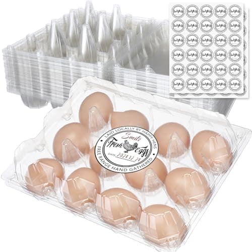 Zhanmai 120 Pcs Easter Plastic Egg Cartons Bulk 12 Count Clear Reusable Large Egg Tray Container Holder with Sticker Labels for Family Chicken Farm Business Market Display