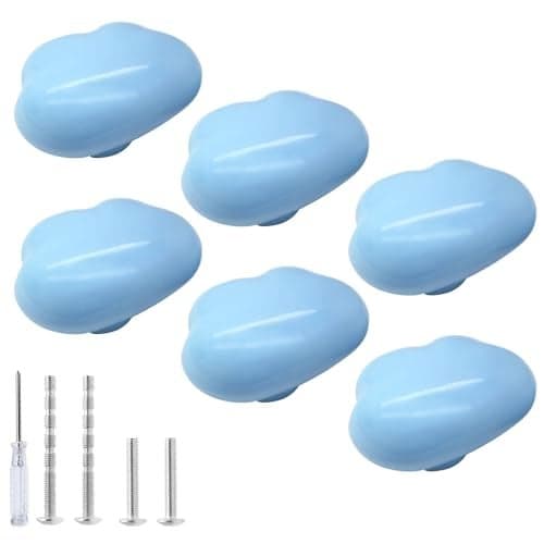 Qjaiune 6pcs Ceramic Cabinet Knobs Blue Drawer Knobs, Cloud Shaped Dresser Knobs Cute Kitchen Cabinet Pull Handles, Small Vanity Knobs Hardware Closet Cupboard Knobs for Kids Girls Children's Bedroom