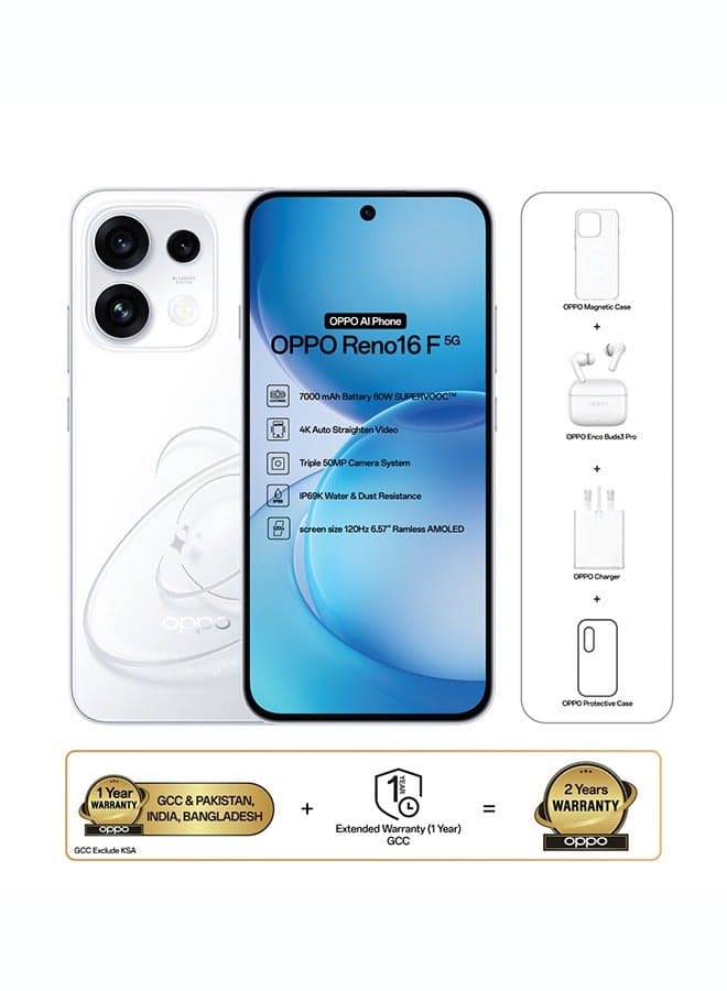 Reno16 F AI Phone Dual SIM 5G Pop White 8GB RAM 256GB With OPPO Enco Buds3 Pro + OPPO Magnetic Case - Middle East Version