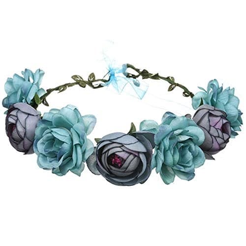 June Bloomy Women Rose Floral Crown Hair Wreath Leave Flower Headband with Adjustable Ribbon (Blue)
