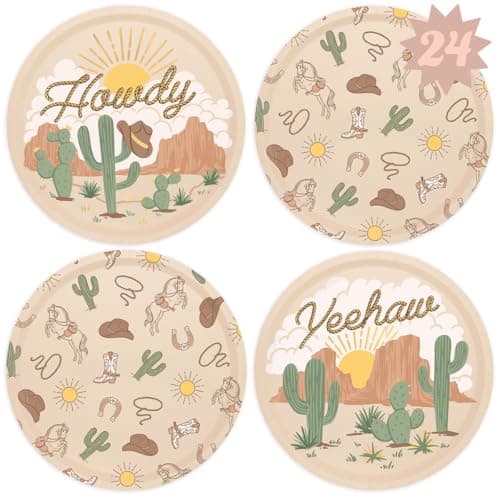xo, Fetti Western Rodeo Paper Plates - 24 pk, 9" | Cowboy Birthday Party Decorations, Howdy Cowgirl Supplies, Yeehaw Western Baby Shower Favors, Wild West Theme Tableware