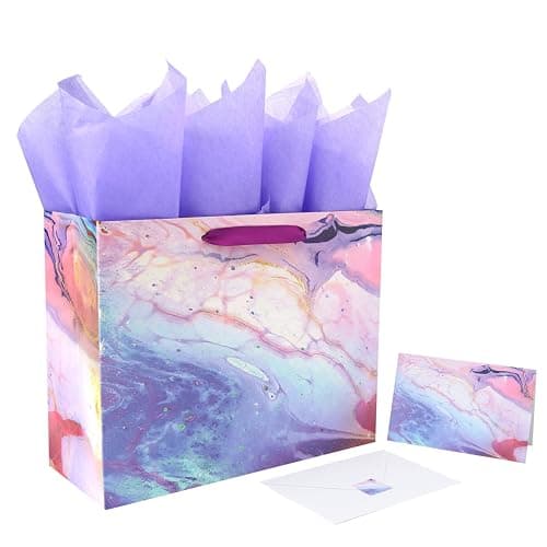 13 Large Purple and Red Gift Bag Set with Greeting Card and Tissue PaperMarble Design for Celebrating Birthdays Mothers Day Valentines Day Weddings Anniversaries 13x52x1021 Pcs