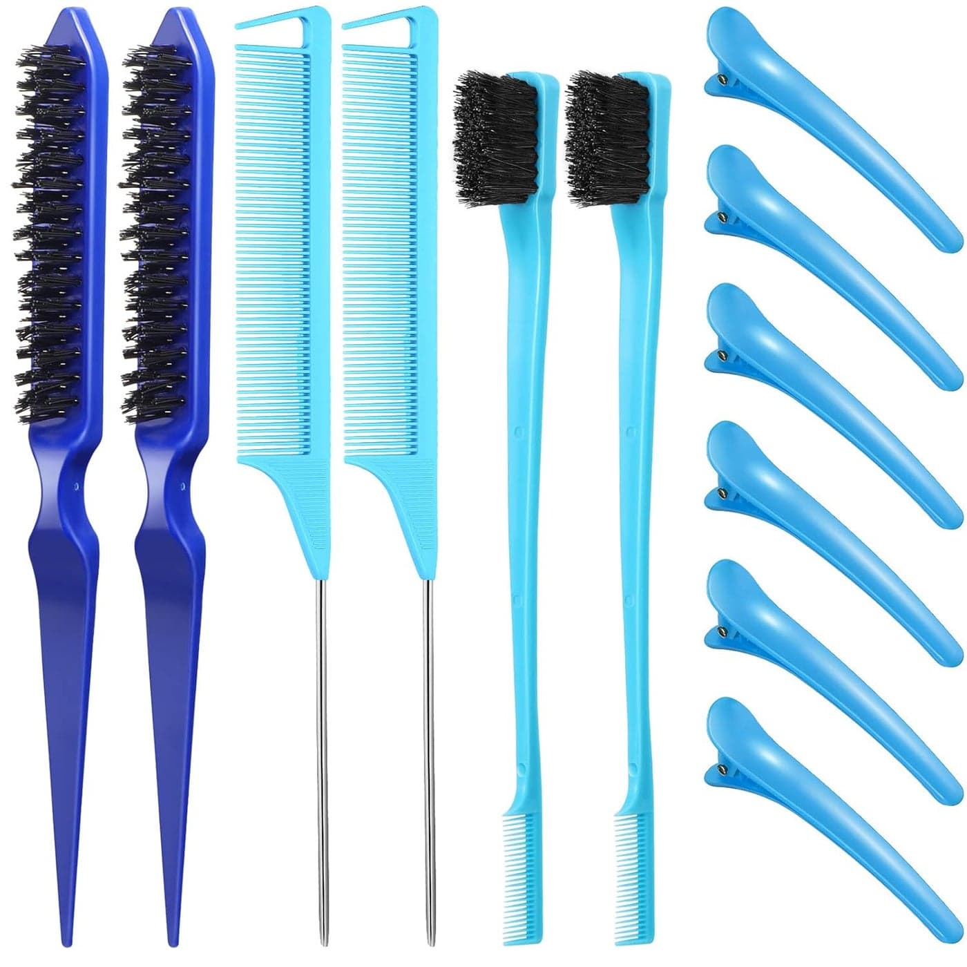 Remerry Hair Brush Set 12 Pieces Nylon Brushes for Women Girls Including 3 Row Salon Teasing Brush Double Sided Hair Edge Brush Smooth Comb Grooming Rat Tail Combs Duckbill Clips Blue