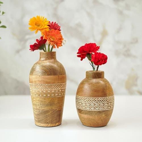 Behoma Flower Vase, Mango Wood Flower Vases, Bottle with Etching, for Decor Home Living Room Kitchen Office, Diwali Decoration | Set of 2, Bud Shape (7.8" inch) & Bulb Shape (5.9" inch)