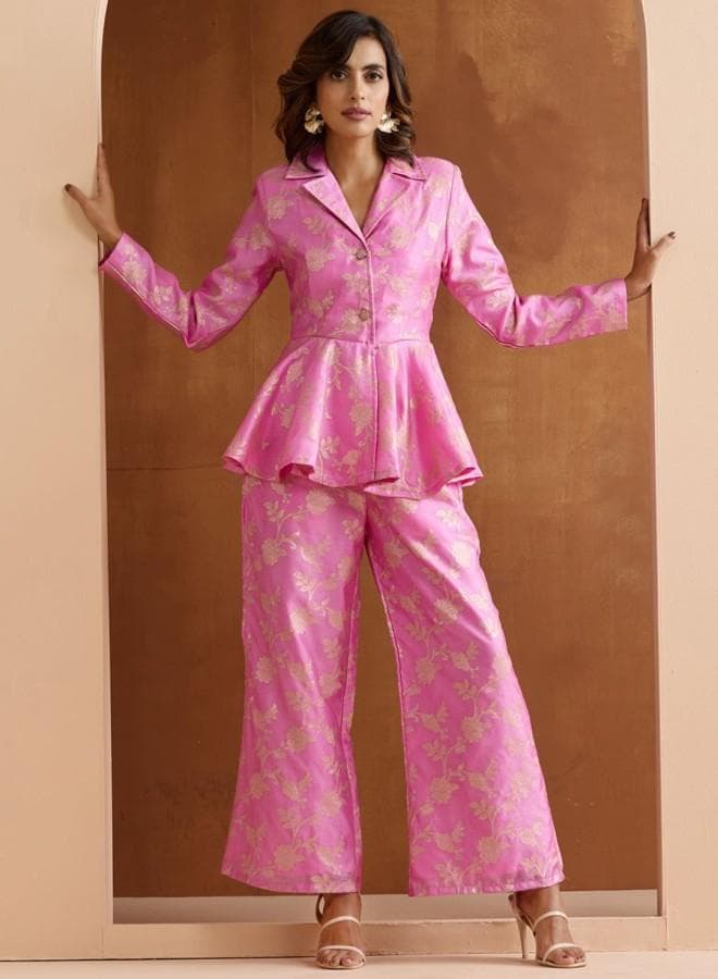 Women'S Lilac Polyester Blend Embroidered Tunic Full Length Palazzo Straight Fit Co Ords