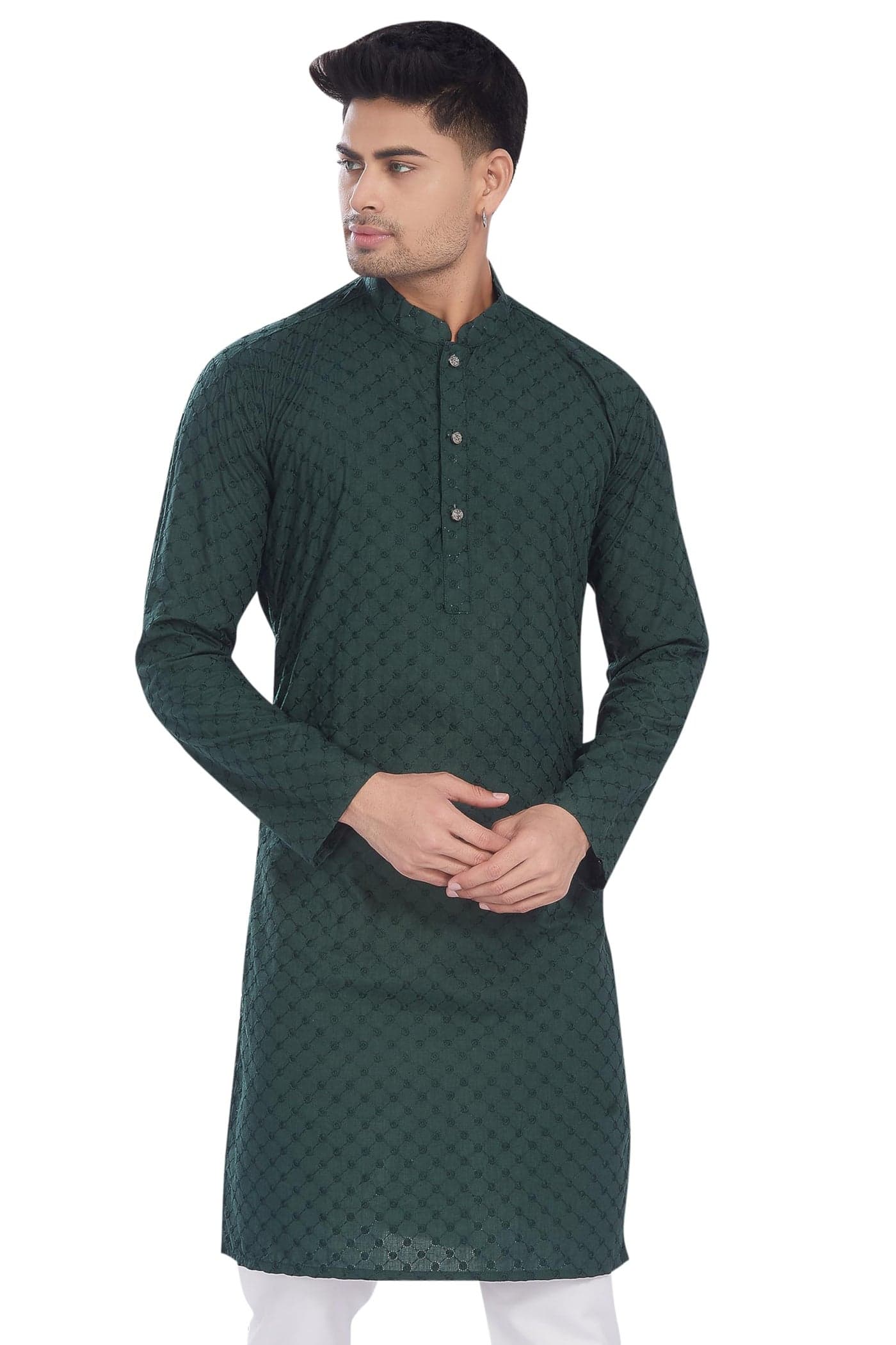DIVISIVE Men's Thread Embroidered Cotton Only Slim Fit Kurta (DKRT632_XXL_Dark Green)